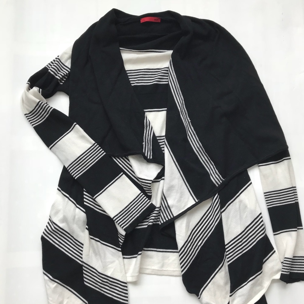 Nordstrom Black and White Striped Shawl Collar Cardigan Sz Medium